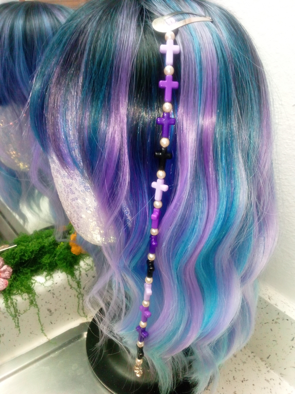 Beaded Hair Strand With Crosses And Skull Charm